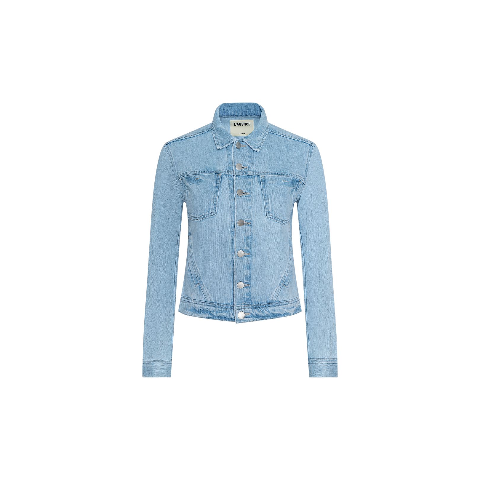Celine Jean Jacket in light blue light wash denim features long sleeves, a button-down front, two chest flap pockets, and a classic collar in a slim fit silhouette, embodying the signature L’AGENCE jean jacket style. Displayed on a plain white background.