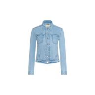Celine Jean Jacket in light blue light wash denim features long sleeves, a button-down front, two chest flap pockets, and a classic collar in a slim fit silhouette, embodying the signature L’AGENCE jean jacket style. Displayed on a plain white background.