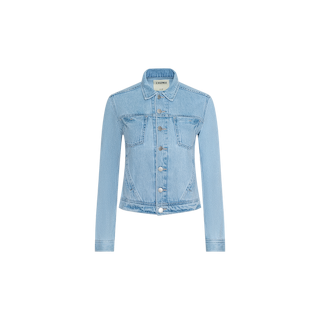 Celine Jean Jacket in light blue light wash denim features long sleeves, a button-down front, two chest flap pockets, and a classic collar in a slim fit silhouette, embodying the signature L’AGENCE jean jacket style. Displayed on a plain white background.