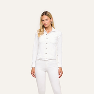 A woman with long blonde hair wears the Celine Jean Jacket in optic white and matching jeans, standing against a plain light background and looking forward with a neutral expression.