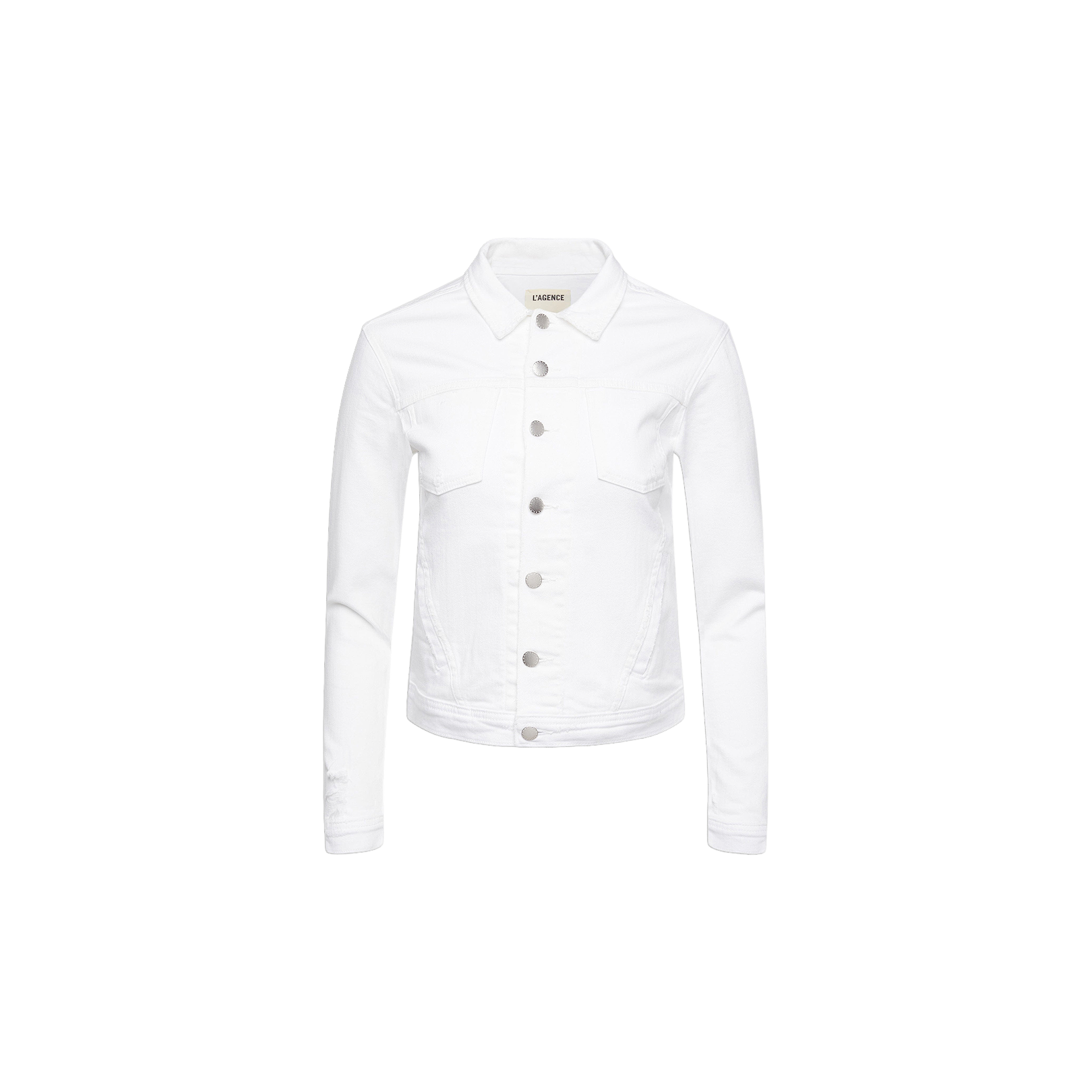 The Celine Jean Jacket, crafted from premium stretch optic white denim, features a collar, silver buttons, long sleeves, and chest pockets—all showcased on a white background.