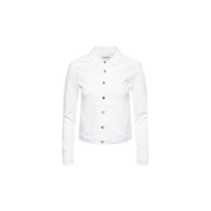 The Celine Jean Jacket is an optic white denim jacket featuring silver buttons, a pointed collar, and long sleeves, designed in a relaxed fit and shown on a white background.