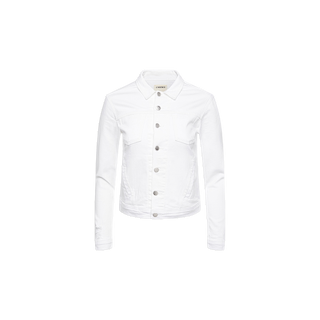 The Celine Jean Jacket, crafted from premium stretch optic white denim, features a collar, silver buttons, long sleeves, and chest pockets—all showcased on a white background.
