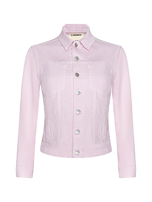 The Celine Jean Jacket is an all-cotton light pink denim jacket with silver buttons, long sleeves, front chest pockets, and a collar. The LA’LENCE label appears inside the neckline. Shown on a plain white background.