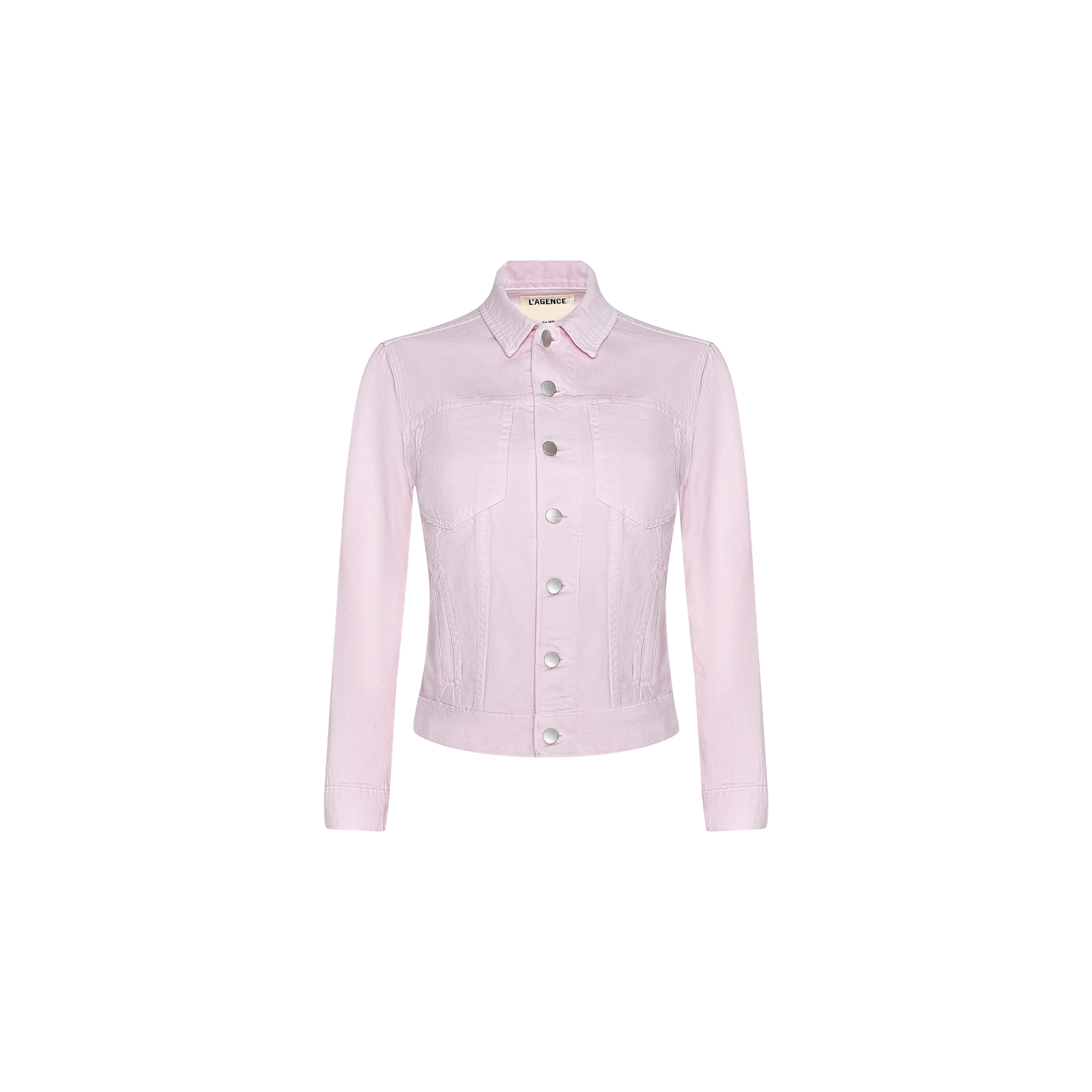Celine Jean Jacket in light pink slim fit, featuring a classic collar, long sleeves, and silver front buttons. Designed with two chest pockets with flaps and button closures, this jacket offers a refined twist reminiscent of a L’AGENCE jean jacket. Set against a plain white background.