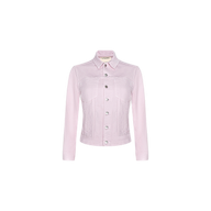 Slim fit light pink Celine Jean Jacket with long sleeves, silver buttons, chest pockets, and a collar, displayed on a white background. This pastel lilac-inspired Celine Jean Jacket offers a modern update to a classic style.
