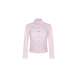 Celine Jean Jacket in light pink slim fit, featuring a classic collar, long sleeves, and silver front buttons. Designed with two chest pockets with flaps and button closures, this jacket offers a refined twist reminiscent of a L’AGENCE jean jacket. Set against a plain white background.
