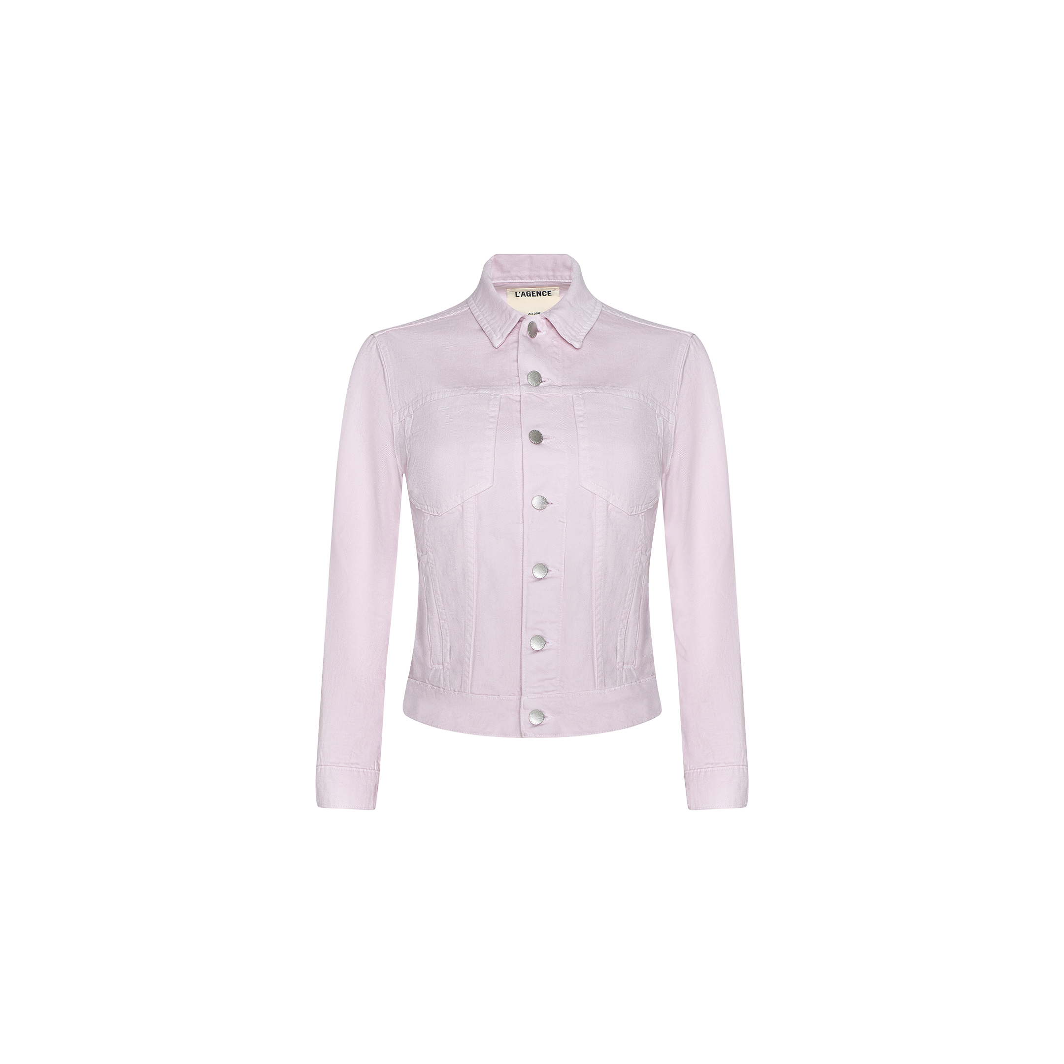Slim fit light pink Celine Jean Jacket with long sleeves, silver buttons, chest pockets, and a collar, displayed on a white background. This pastel lilac-inspired Celine Jean Jacket offers a modern update to a classic style.