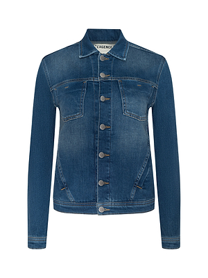 The Celine Jean Jacket is a slim-fit classic blue denim with long sleeves, button-up front, two flap chest pockets, and vintage wash fading for a worn-in look. The inside collar label reads L’AGENCE.