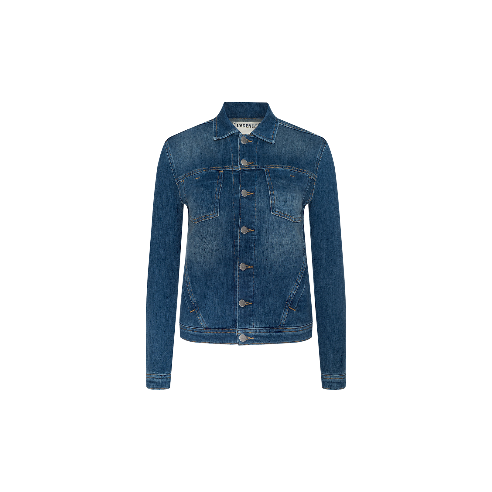 The Celine Jean Jacket, crafted in blue denim with a vintage wash, features long sleeves, a button-up front, chest pockets, and a classic collar, and is displayed against a plain white background.
