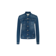 The Celine Jean Jacket is a classic blue denim jacket in a vintage wash, featuring long sleeves, a button front closure, and chest pockets, displayed on a plain white background.
