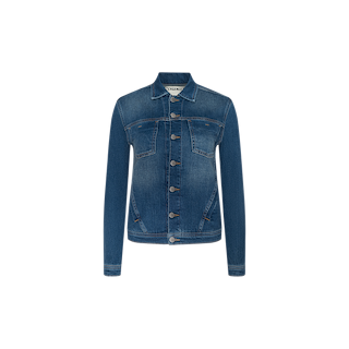 The Celine Jean Jacket, crafted in blue denim with a vintage wash, features long sleeves, a button-up front, chest pockets, and a classic collar, and is displayed against a plain white background.