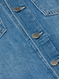 Close-up of blue denim fabric with metal buttons and visible stitching, part of a versatile essential like the Celine Jean Jacket.