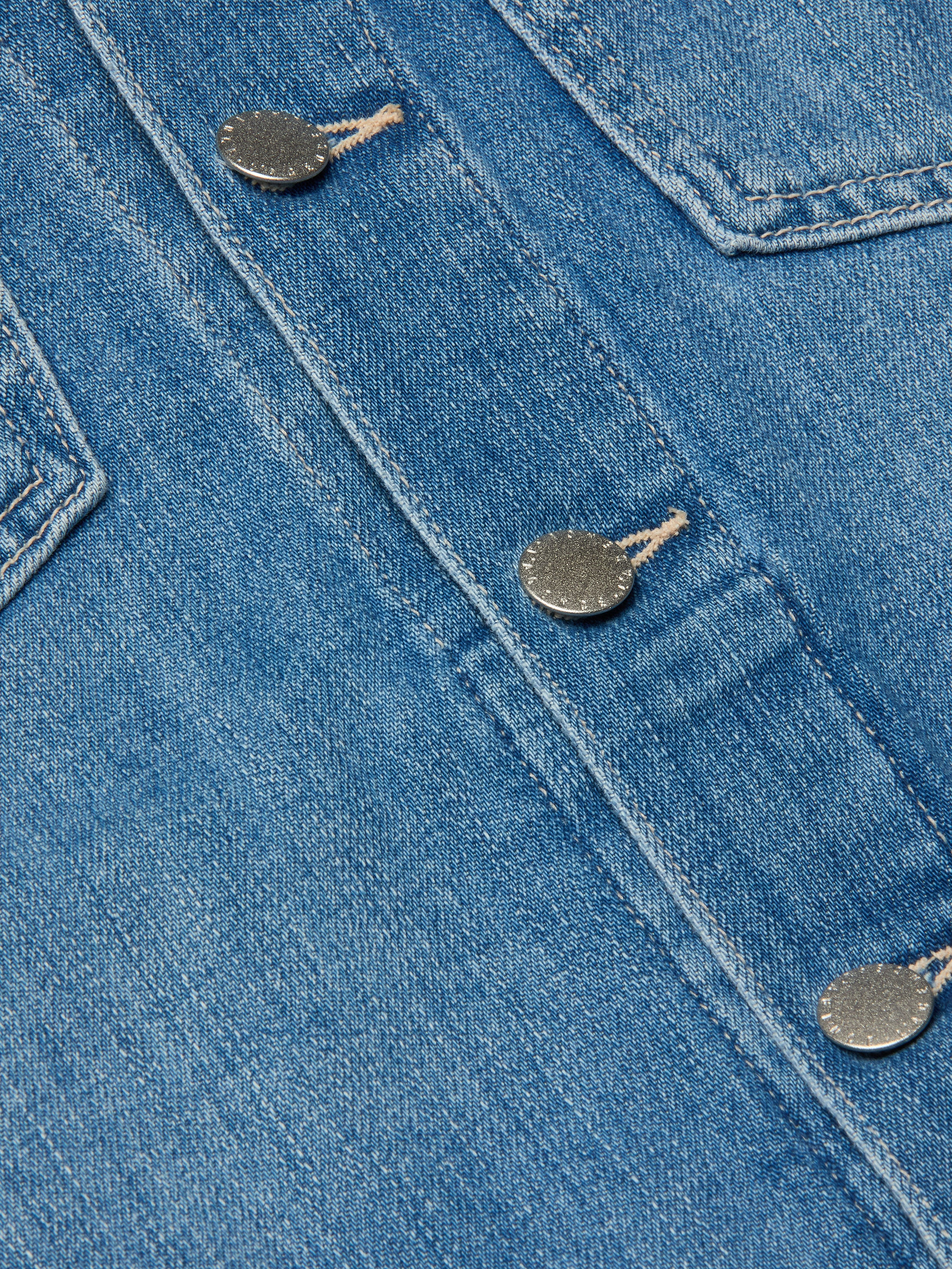 Close-up of blue denim fabric with metal buttons and visible stitching, part of a versatile essential like the Celine Jean Jacket.