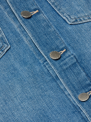 Close-up of blue denim fabric with buttons