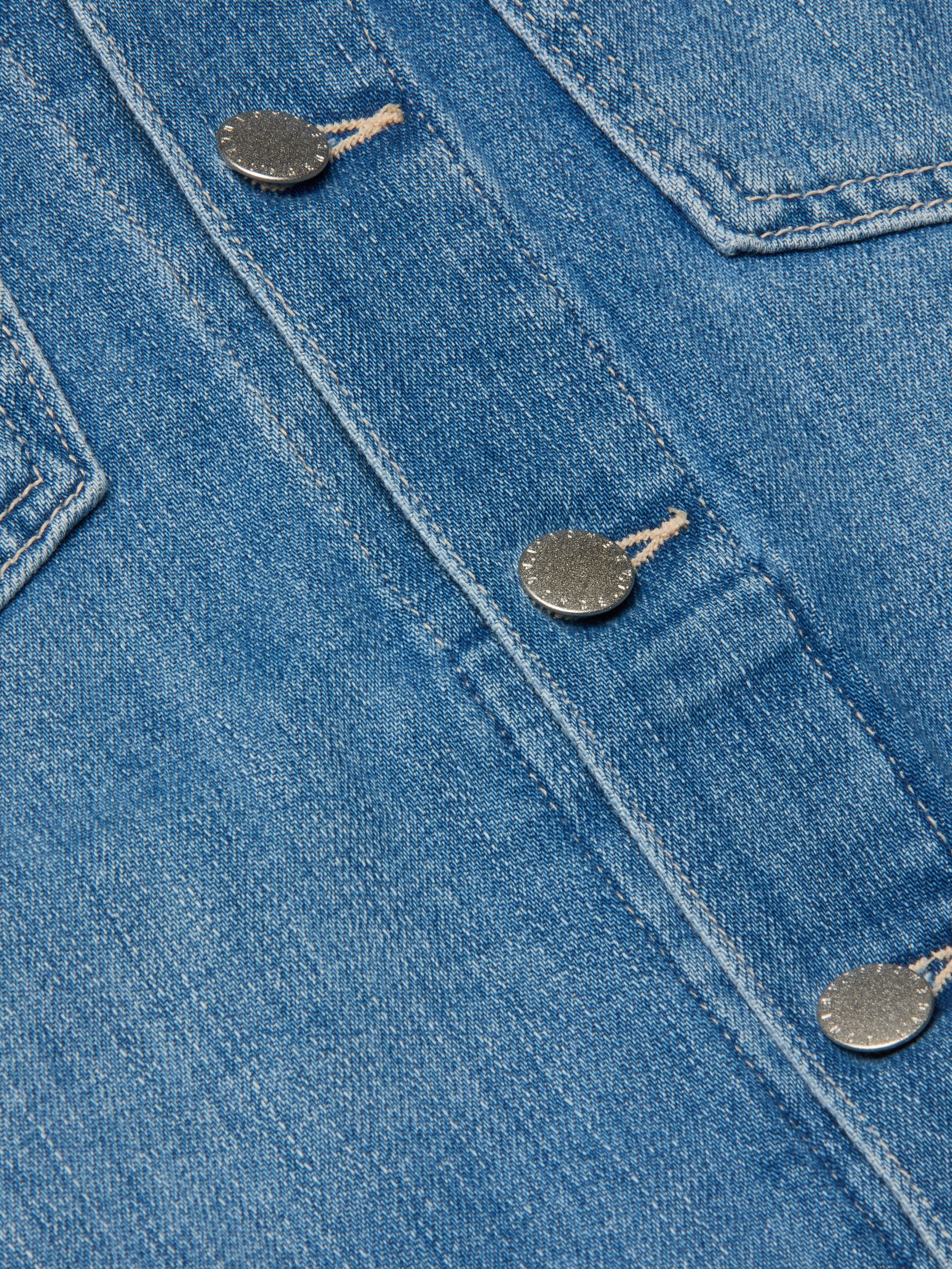 Close-up of blue denim fabric with metal buttons and visible stitching, part of a versatile essential like the Celine Jean Jacket.