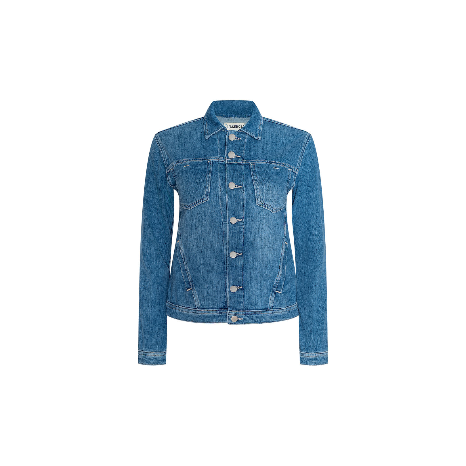 The Celine Jean Jacket is a classic blue piece from L’AGENCE, crafted from stretch denim. It features a slim fit with long sleeves, front button closure, chest pockets with flaps, and a pointed collar, all displayed against a plain white background.