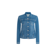 The Celine Jean Jacket is a classic blue slim fit denim jacket featuring long sleeves, a front button closure, and buttoned chest pockets, shown against a plain white background. This versatile essential is perfect for layering.