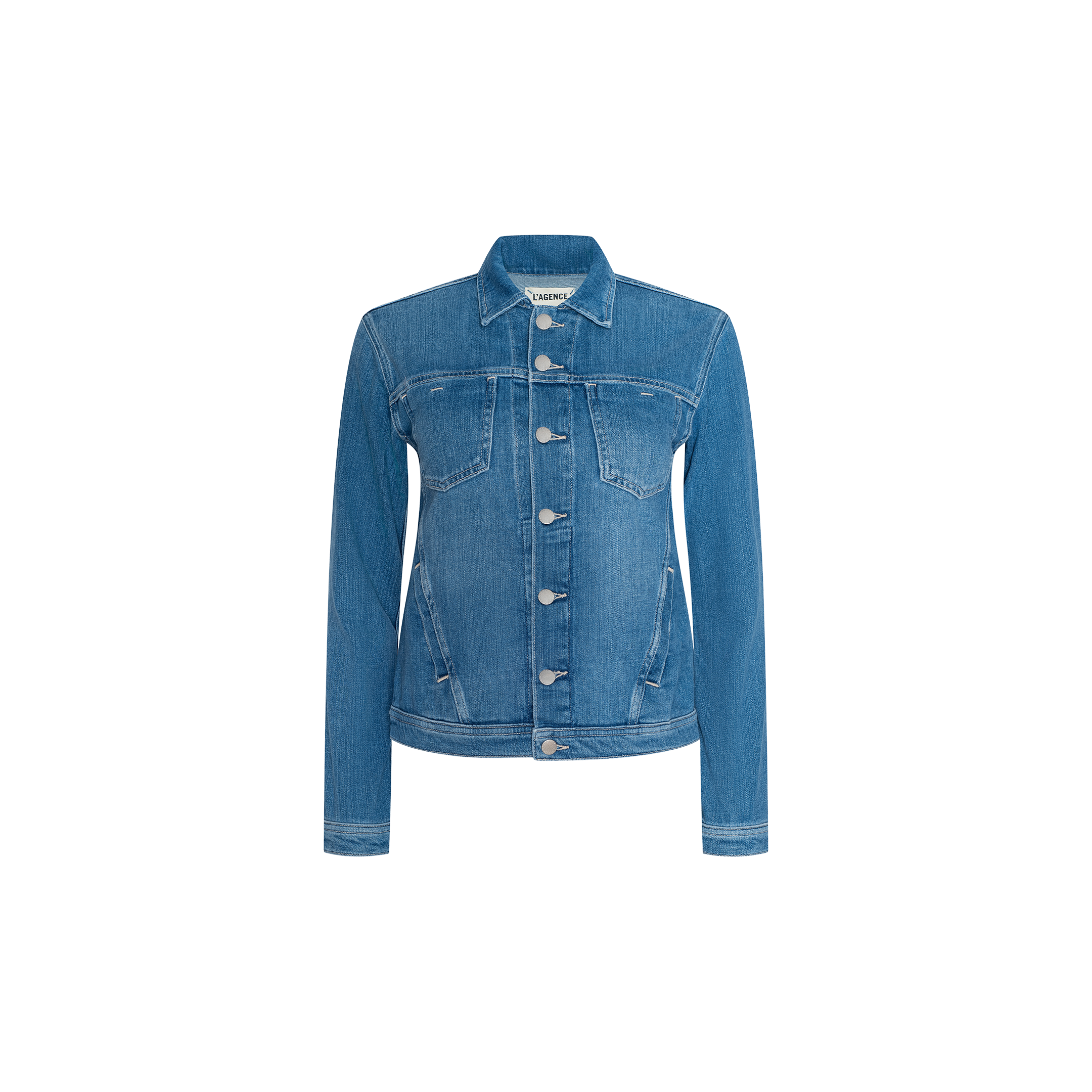 The Celine Jean Jacket is a classic blue slim fit denim jacket featuring long sleeves, a front button closure, and buttoned chest pockets, shown against a plain white background. This versatile essential is perfect for layering.