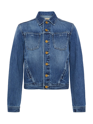 The Celine Jean Jacket by L'AGENCE features a slim fit, long sleeves, button-up front, two chest flap pockets, angled side pockets, and a classic denim blue wash with visible stitching for timeless style.