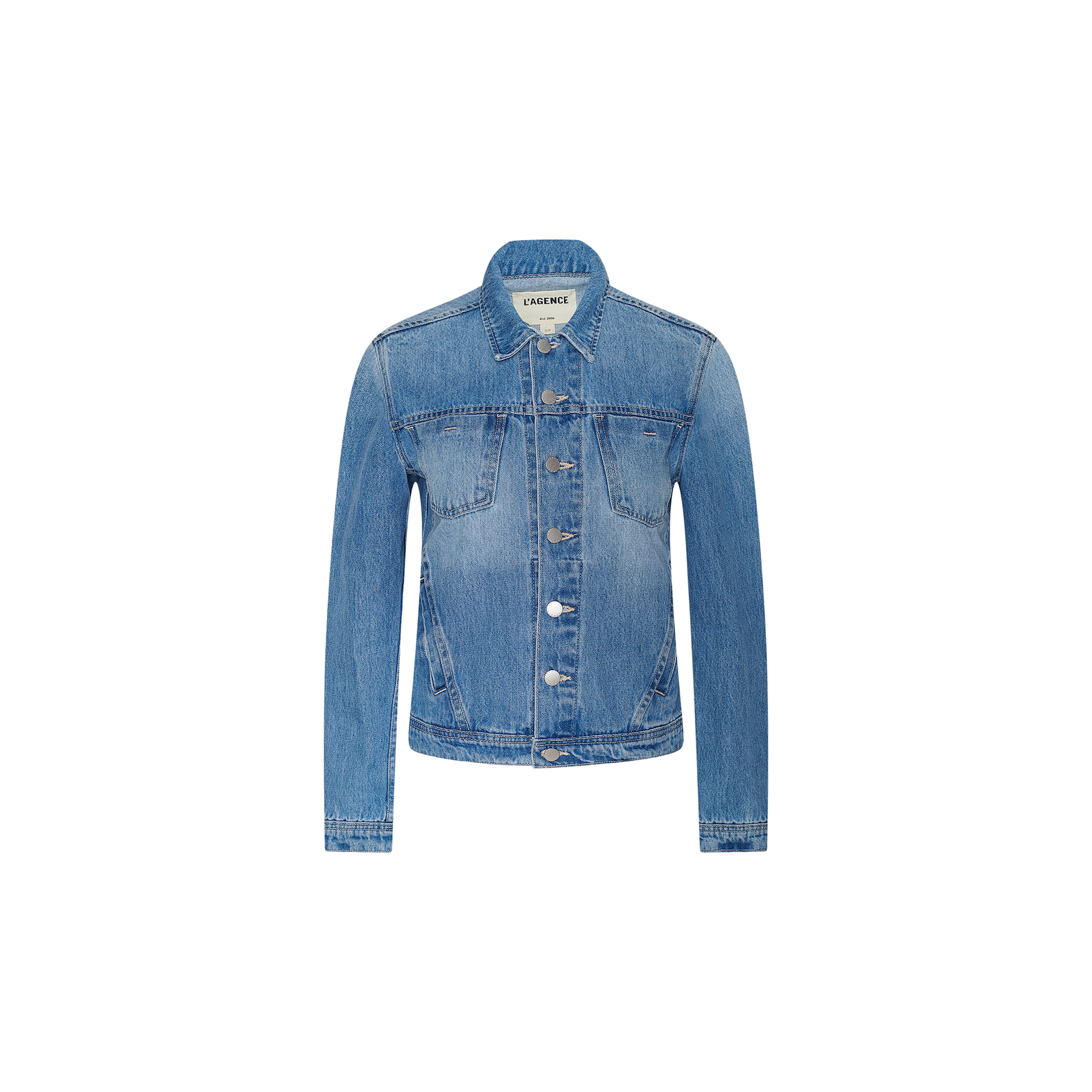 A classic blue Celine Jean Jacket by L’AGENCE featuring a slim fit, long sleeves, button-up front, chest pockets, and a collar, displayed against a plain white background.