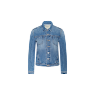 The Celine Jean Jacket is a slim fit, light denim wash piece featuring long sleeves, a button-down front, chest pockets, and a collar, displayed on a plain white background.