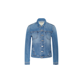 A classic blue Celine Jean Jacket by L’AGENCE featuring a slim fit, long sleeves, button-up front, chest pockets, and a collar, displayed against a plain white background.