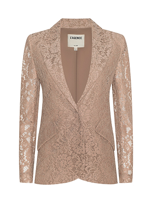 The Chamberlain Lace Blazer is a light brown, long-sleeved blazer with a notched lapel collar, two front pockets, and a delicate floral lace pattern. It features an inner LAGENCE label for classic, office-ready style.