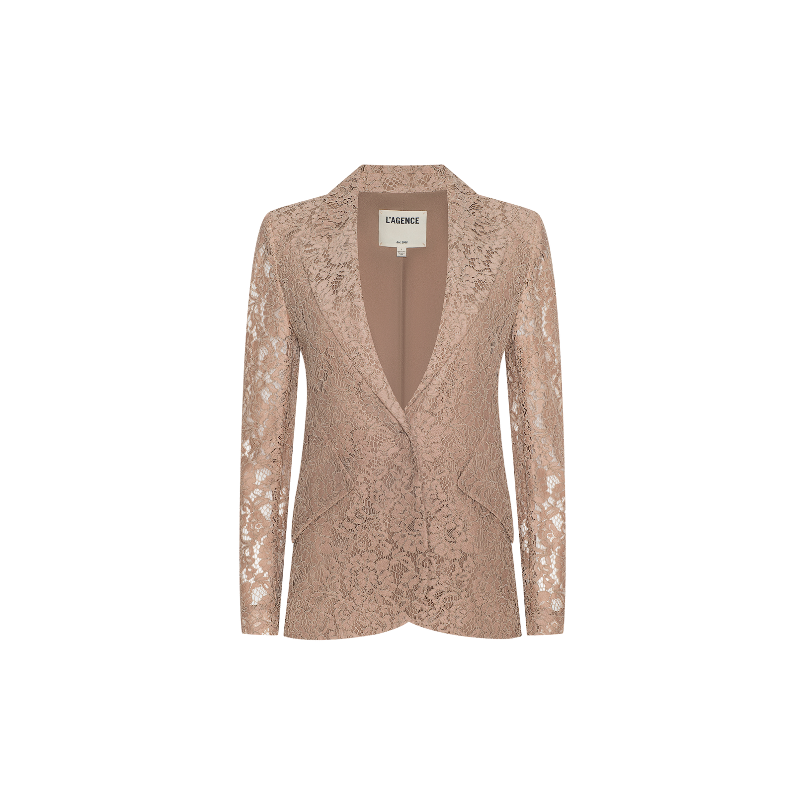 The Chamberlain Lace Blazer is a tan, floral lace blazer featuring long sleeves, a lapel collar, two side pockets, and a single front button. It has a single-breasted design with an interior label reading “LEAKENCE” at the neckline. Presented against a plain white background, this blazer offers an office-ready style.