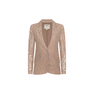 The Chamberlain Lace Blazer is a tan, floral lace blazer featuring long sleeves, a lapel collar, two side pockets, and a single front button. It has a single-breasted design with an interior label reading “LEAKENCE” at the neckline. Presented against a plain white background, this blazer offers an office-ready style.