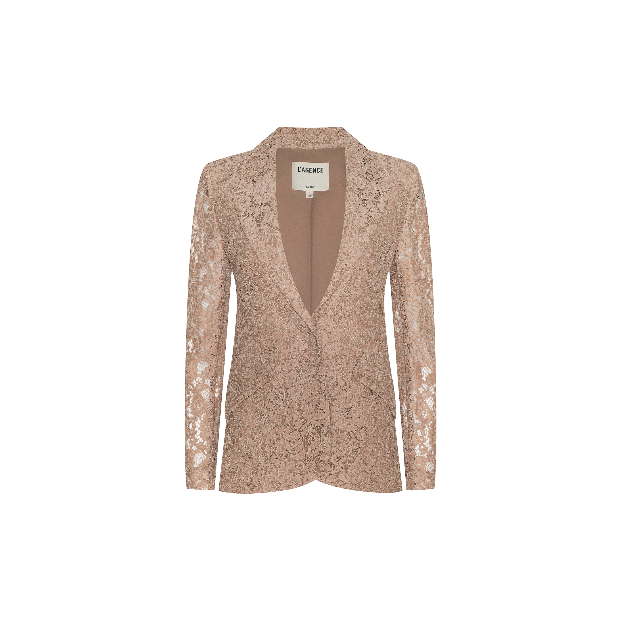 The Chamberlain Lace Blazer, featuring a light brown floral lace design with a notched lapel, single-button closure, and two front pockets, is perfect for an office-ready style and is displayed on a plain white background.