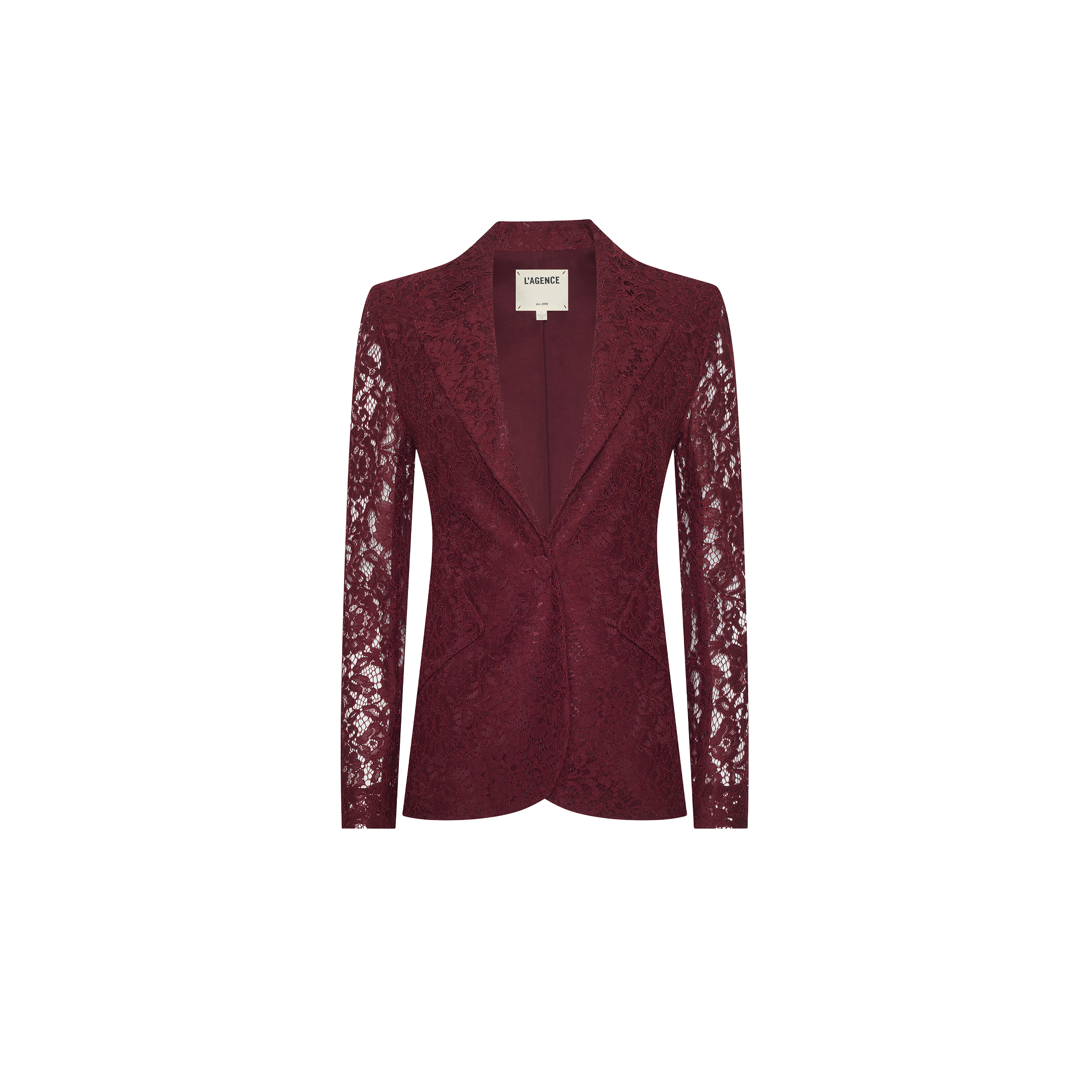 Chamberlain Lace Blazer in deep port red, featuring a single-button closure and peaked lapels in a classic design.
