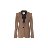 Introducing the Chamberlain Blazer: a tan pinstripe, single-breasted blazer featuring a tailored fit, notched lapels, long sleeves, and a distinctive single black button. Expertly crafted from lightweight suit fabric, the Chamberlain Blazer is presented against a plain white background.