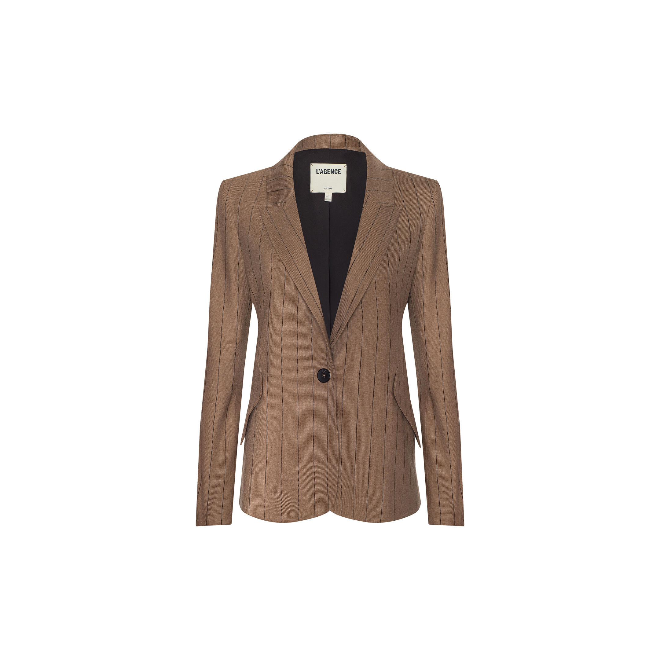 Introducing the Chamberlain Blazer: a tan pinstripe, single-breasted blazer featuring a tailored fit, notched lapels, long sleeves, and a distinctive single black button. Expertly crafted from lightweight suit fabric, the Chamberlain Blazer is presented against a plain white background.