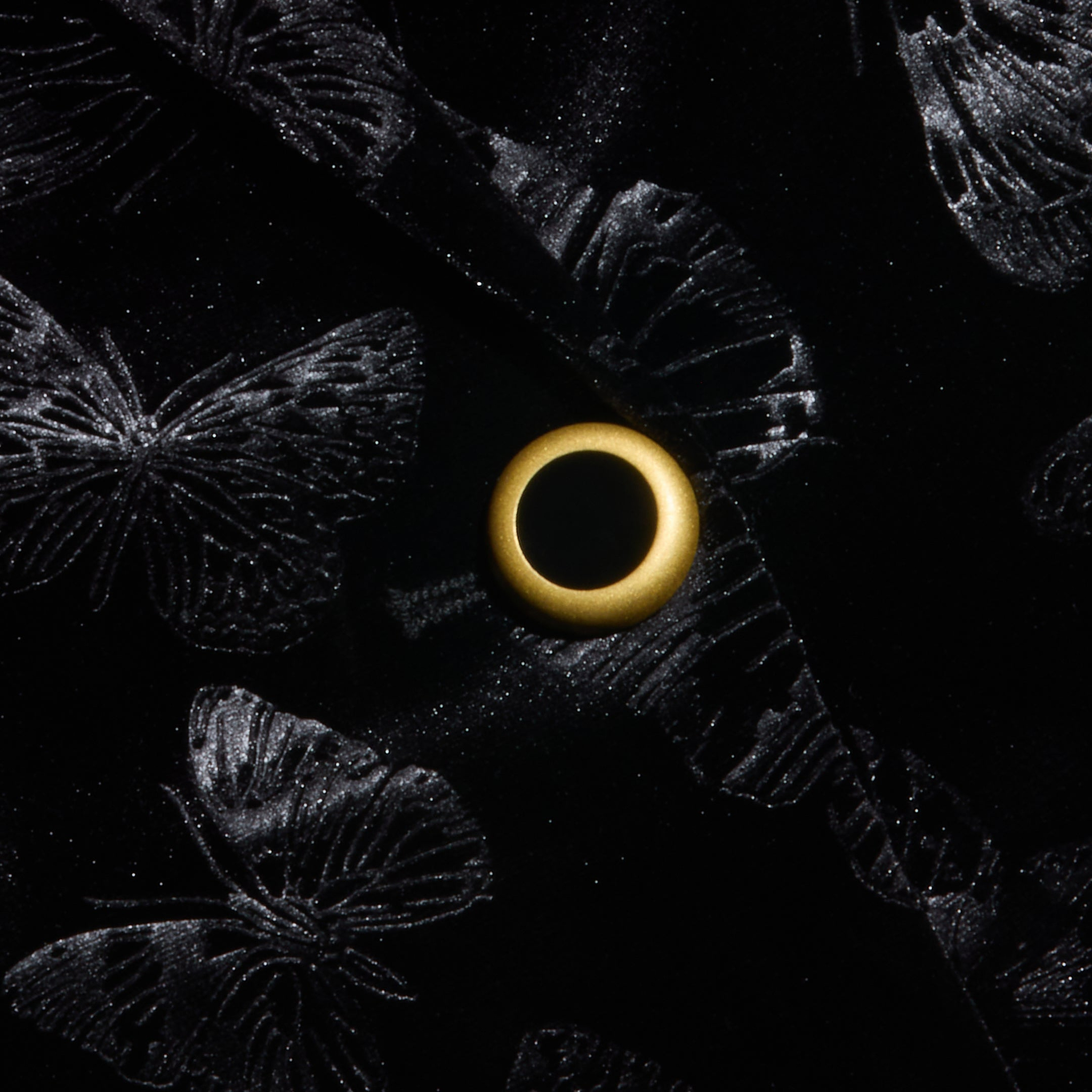 Close-up of the black fabric from the Chamberlain Velvet Blazer, showcasing shiny, textured butterfly patterns and a single gold metal eyelet in the center.