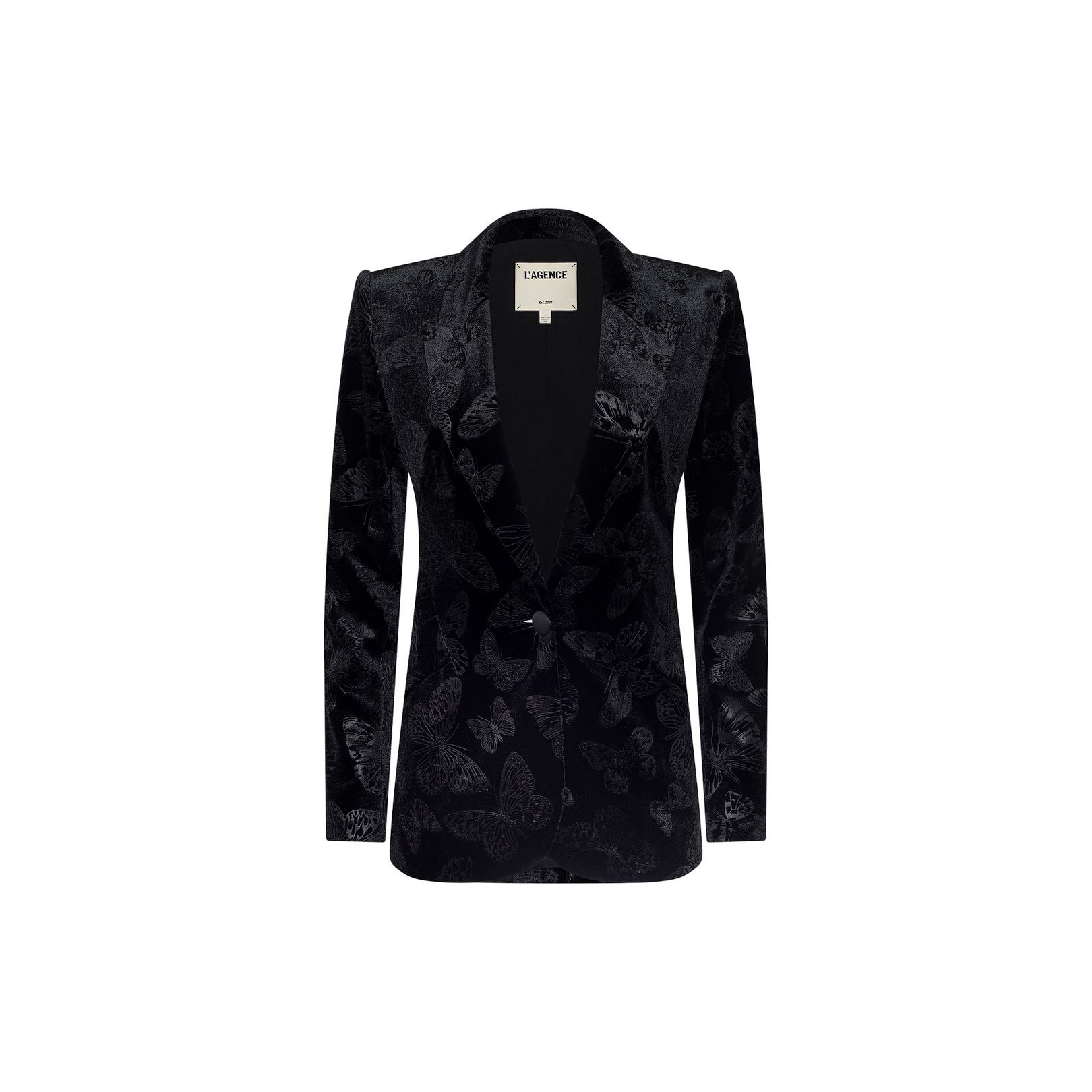 Butterfly-embossed velvet Chamberlain Velvet Blazer featuring subtle butterfly patterns, a single-button closure, and a notched lapel, displayed against a plain white background—this evening blazer is elegantly reimagined with delicate detail and timeless sophistication.