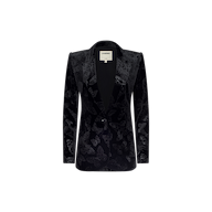 The Chamberlain Velvet Blazer, featuring a black butterfly-embossed velvet fabric, single button closure, and notched collar, is displayed against a plain white background.