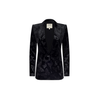 Butterfly-embossed velvet Chamberlain Velvet Blazer featuring subtle butterfly patterns, a single-button closure, and a notched lapel, displayed against a plain white background—this evening blazer is elegantly reimagined with delicate detail and timeless sophistication.