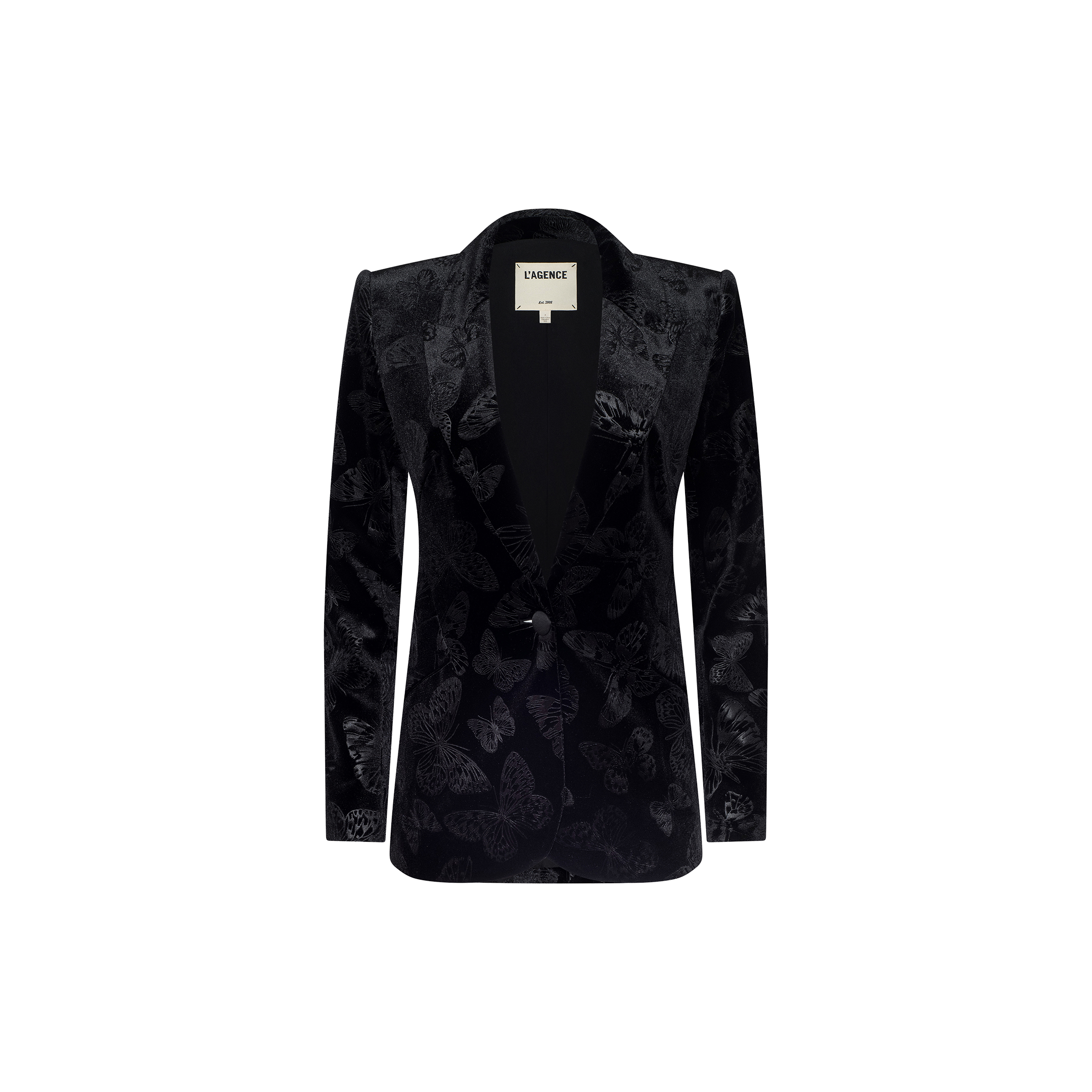 The Chamberlain Velvet Blazer, featuring a black butterfly-embossed velvet fabric, single button closure, and notched collar, is displayed against a plain white background.