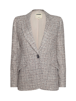 The Chamberlain Tweed Blazer is a womens single-breasted dusty blue blazer with notched lapel, one front button, two front pockets, beige lining, and features the LAGENCE label inside.