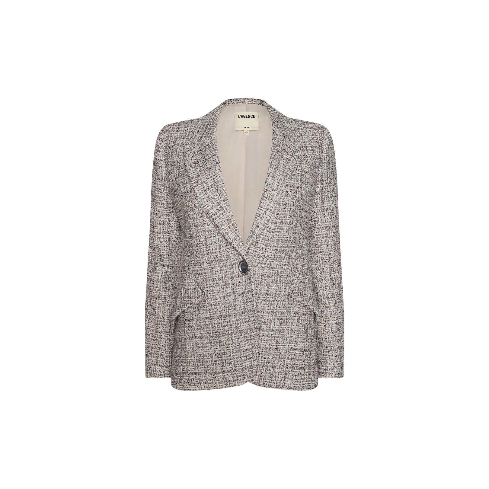 The Chamberlain Tweed Blazer, crafted from lightweight tweed in a beige and gray colorway, showcases a single-breasted design with a textured finish, single button closure, and two front pockets. This timeless piece is displayed on a plain white background.