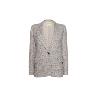 The Chamberlain Tweed Blazer is a women’s gray tweed blazer featuring a single-button closure, notched lapels, and two front pockets, displayed against a plain white background. This single-breasted blazer embodies classic style and sophistication.