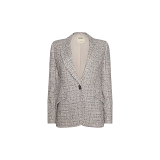 The Chamberlain Tweed Blazer, crafted from lightweight tweed in a beige and gray colorway, showcases a single-breasted design with a textured finish, single button closure, and two front pockets. This timeless piece is displayed on a plain white background.