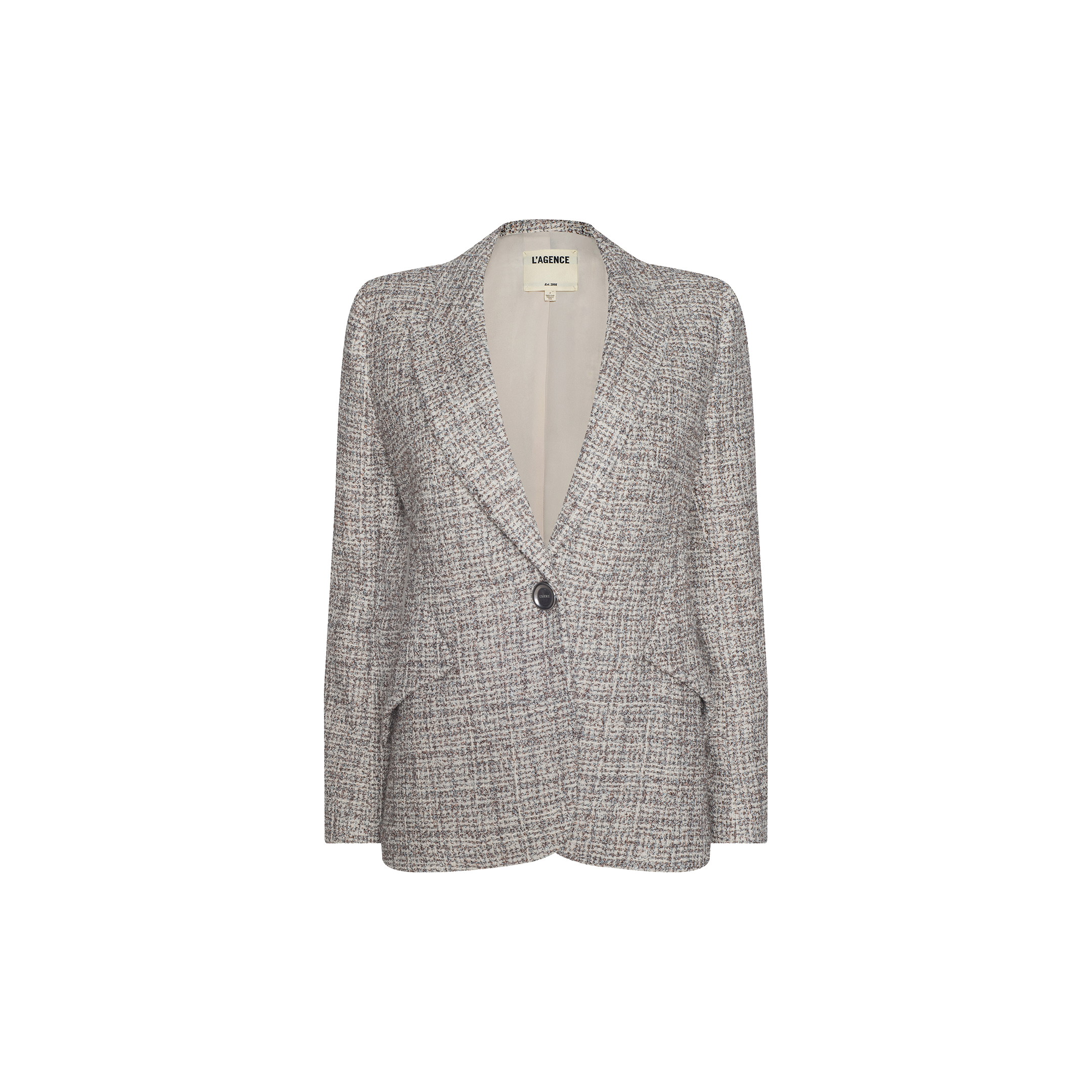 The Chamberlain Tweed Blazer is a women’s gray tweed blazer featuring a single-button closure, notched lapels, and two front pockets, displayed against a plain white background. This single-breasted blazer embodies classic style and sophistication.