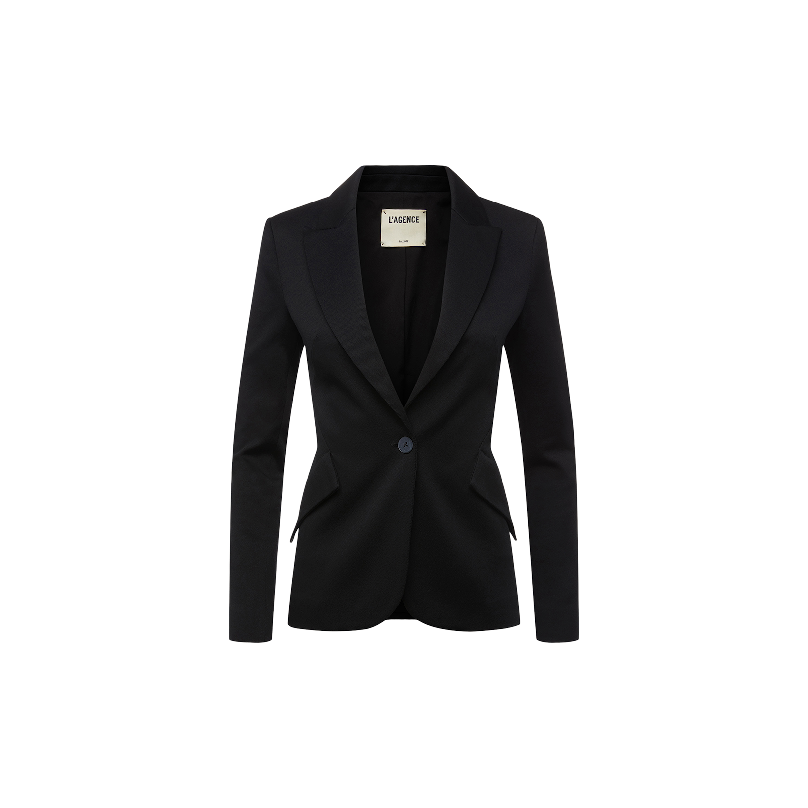 Introducing the Chamberlain Blazer: a black twill suiting single-breasted blazer featuring notched lapels, a tailored fit, and front pockets, displayed against a plain white background. Expertly crafted with precision tailoring, this women’s blazer delivers a sophisticated silhouette ideal for any occasion.