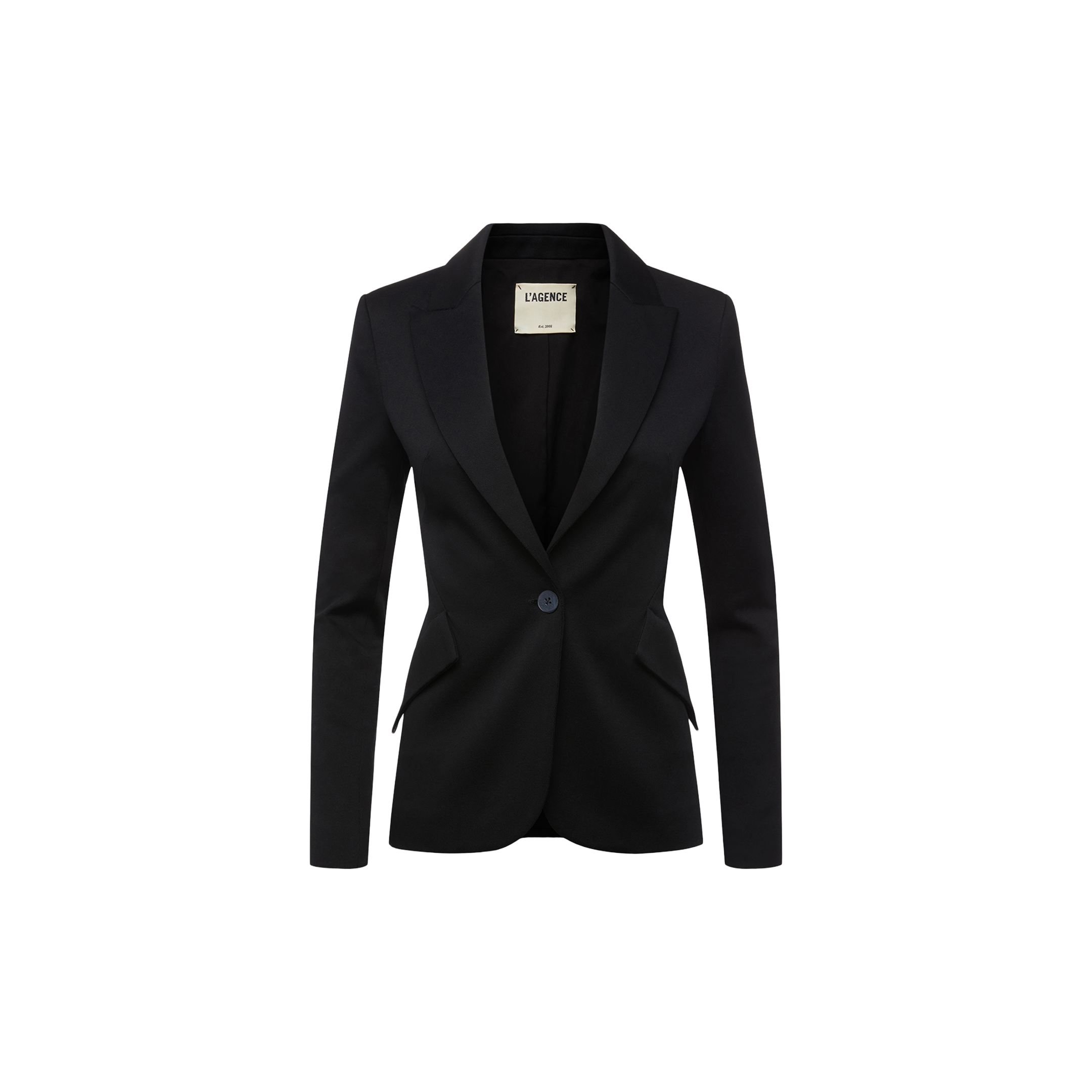 The Chamberlain Blazer is a black twill suiting single-breasted blazer with precision tailoring, featuring a single button closure, notched lapels, and two front pockets, displayed on a plain white background.