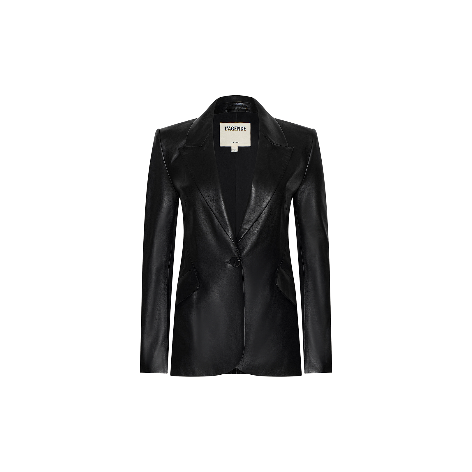 Chamberlain Leather Blazer in black, featuring a single button closure, classic notch lapel collar, and front pockets, displayed against a plain white background.