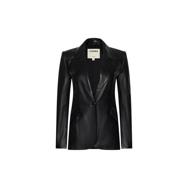 The Chamberlain Leather Blazer features a classic black leather design with structured shoulders, notched lapels, and a single front button closure, displayed against a plain white background.