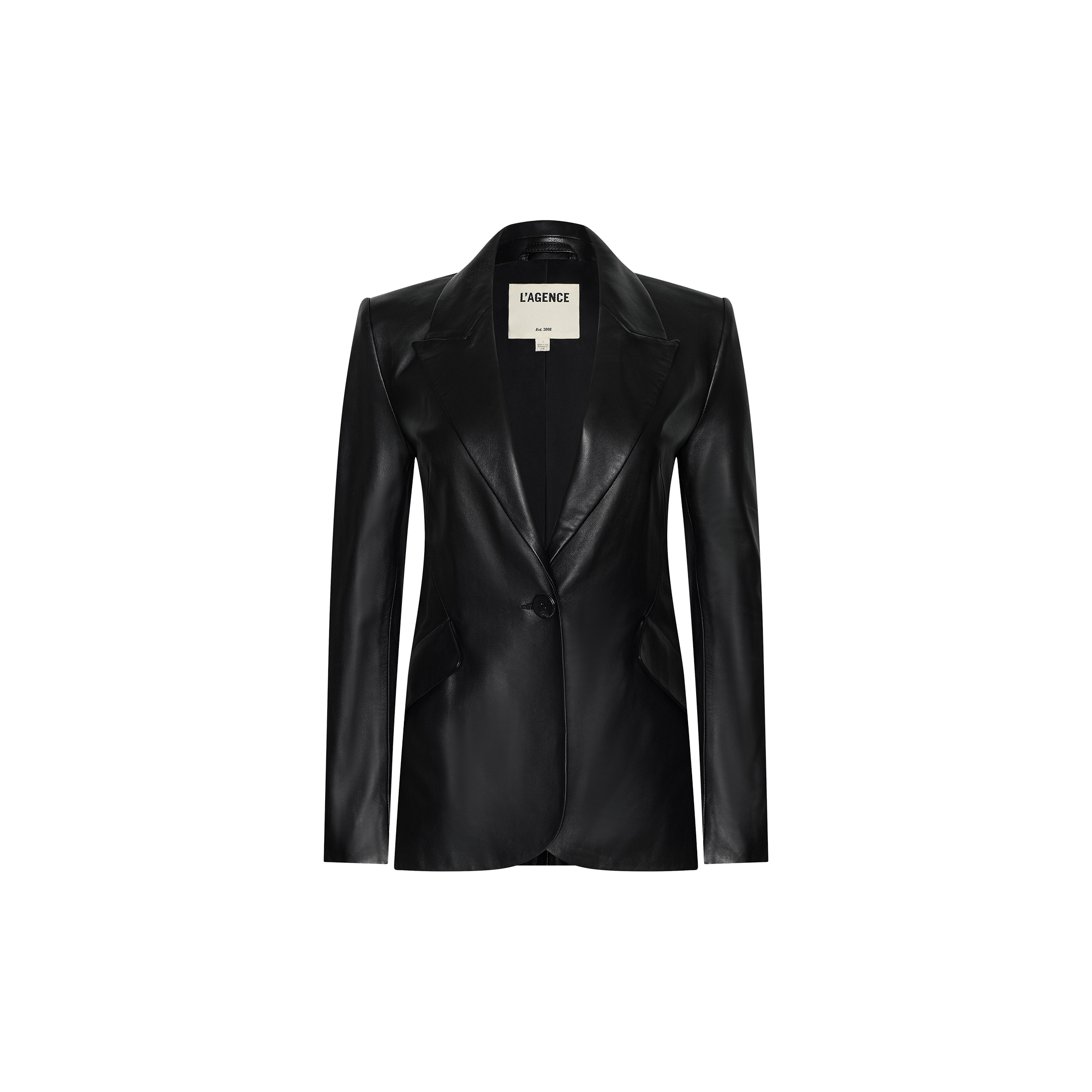 The Chamberlain Leather Blazer features a classic black leather design with structured shoulders, notched lapels, and a single front button closure, displayed against a plain white background.