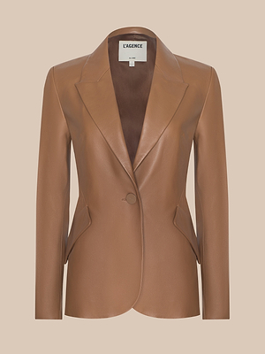 The Chamberlain Leather Blazer in cognac, featuring a single-button closure, wide lapels, and front pockets, is shown against a plain beige background.